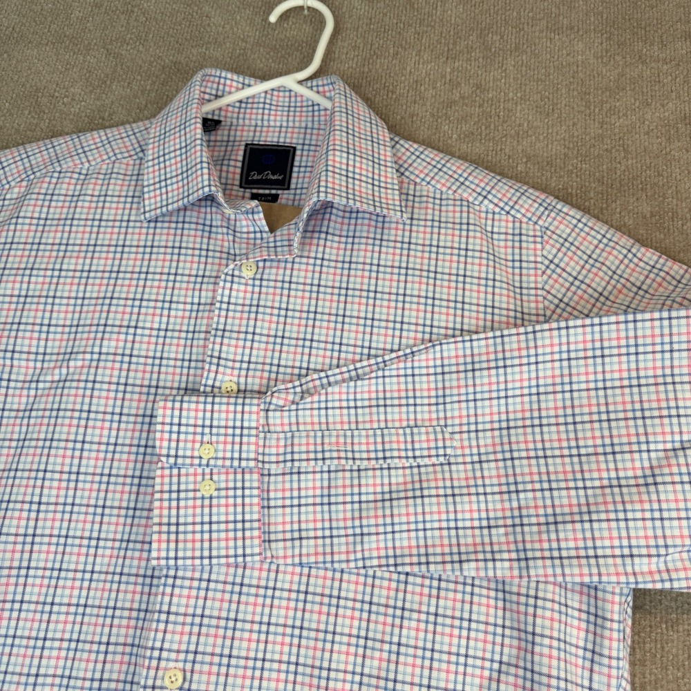 David Donahue Mens Dress Shirt 16 1/2 34/35 Blue Pink Plaid Cotton Trim Fit - Picture 8 of 15